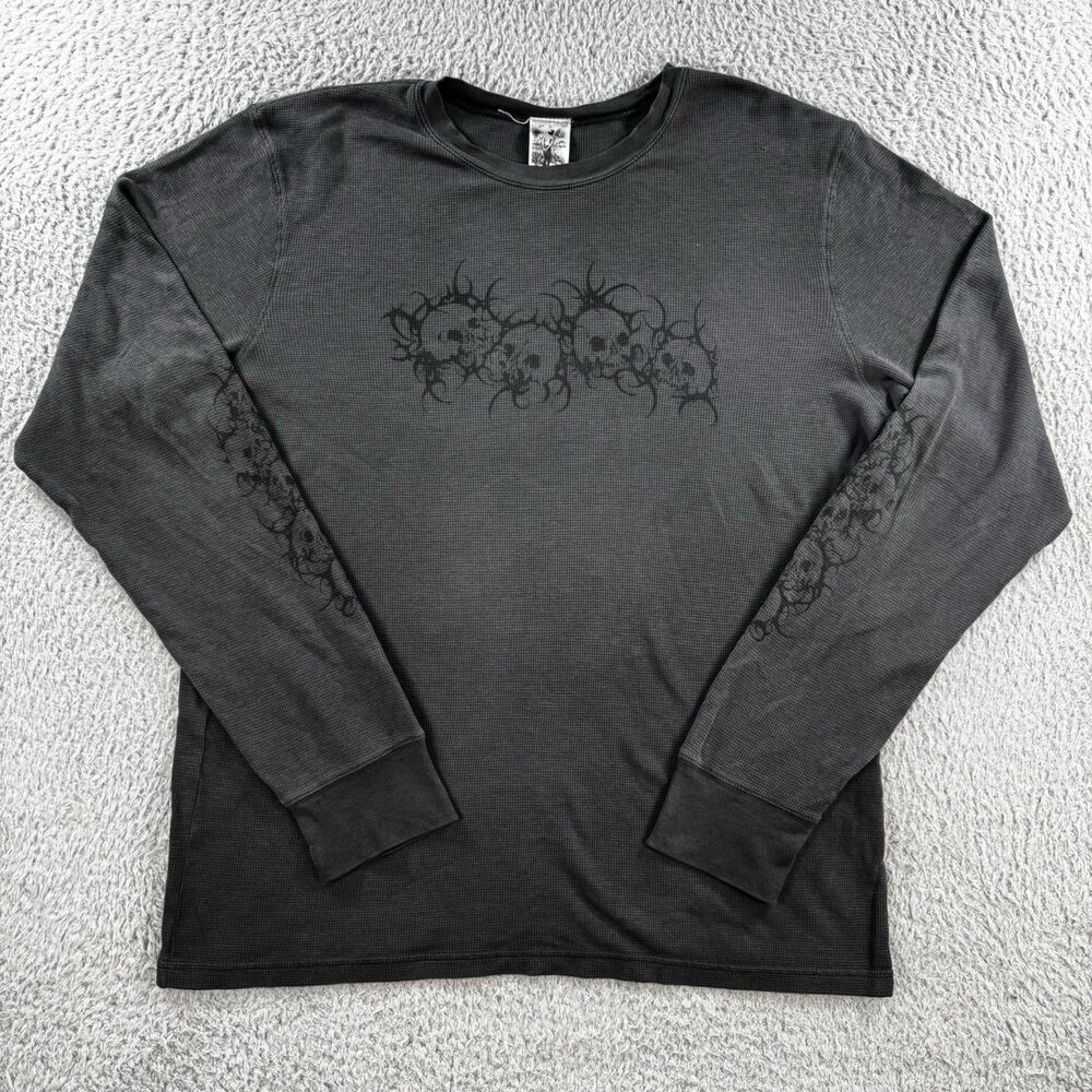 Basketcase Gallery Mens Size XL Long Sleeve Thermal Shirt Faded Black Y2K Skulls